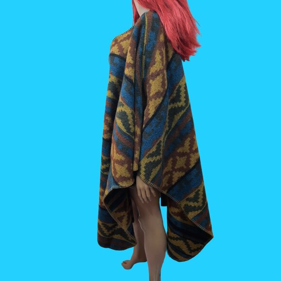 Vintage 90s Wool Blanket Coat Wrap Cape Poncho Southwestern Aztec One Size Boho - Picture 3 of 6